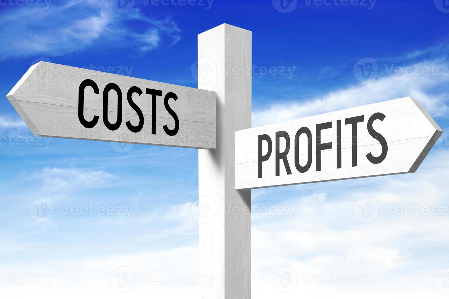 Profits, Costs - Wooden Signpost with Two Arrows and Sky in Background photo