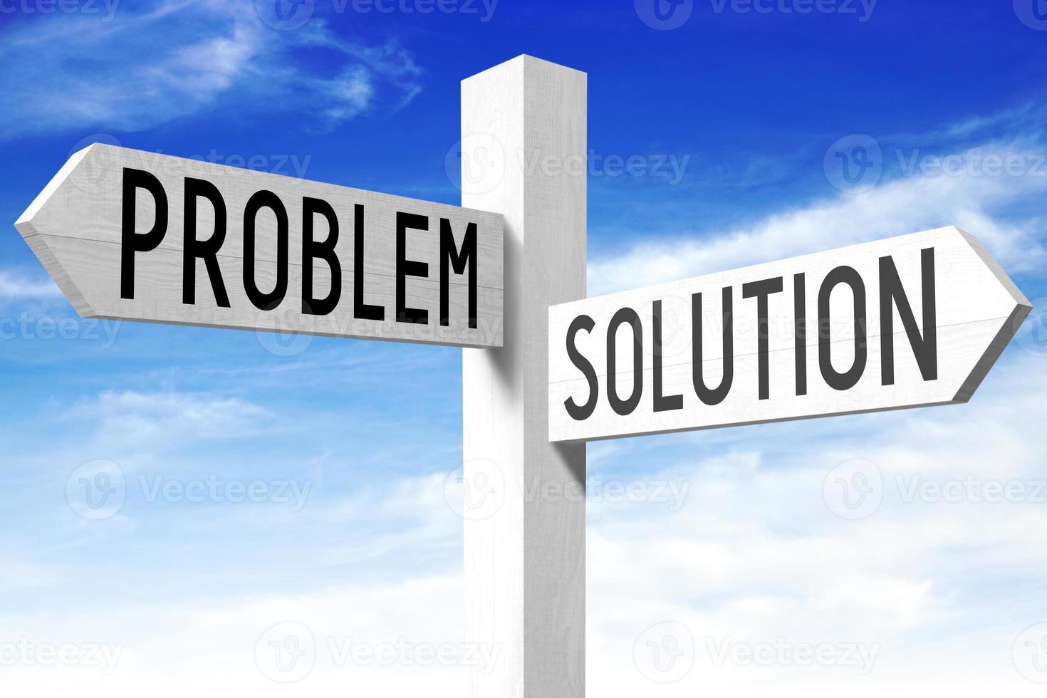 Problem, Solution - Wooden Signpost with Two Arrows and Sky in Background photo