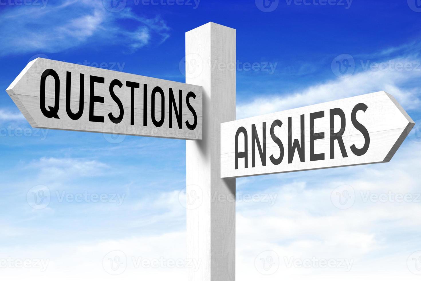 Questions, Answers - Wooden Signpost with Two Arrows and Sky in Background photo