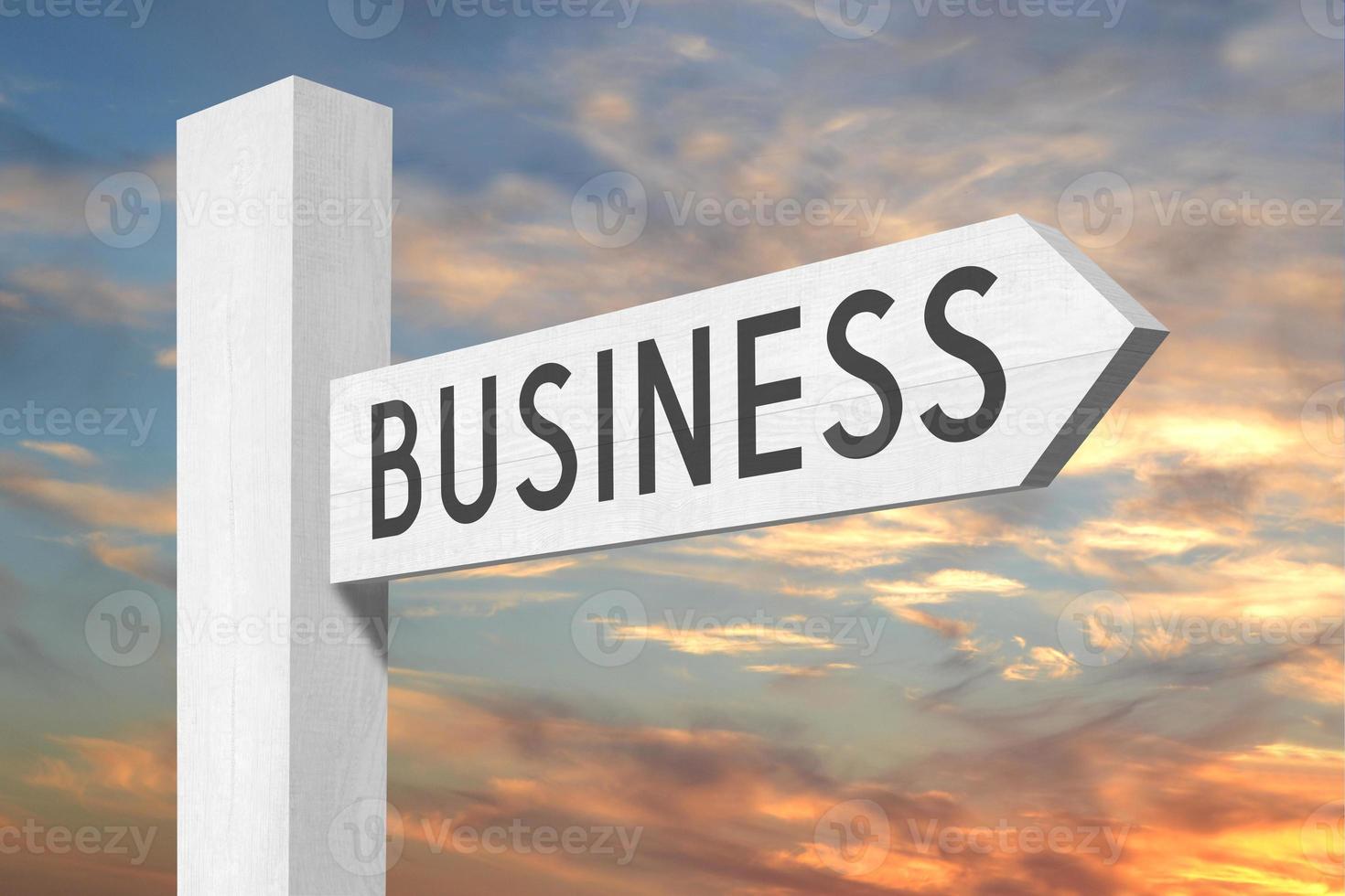 Business - White Wooden Signpost with one Arrow and Sunset Sky in Background photo