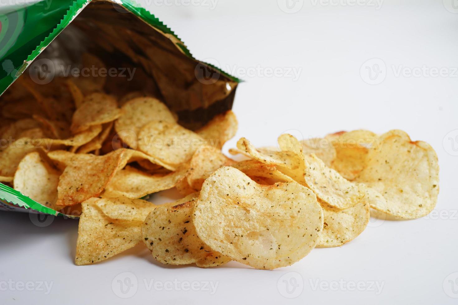 Potato chips in open bag, delicious BBQ seasoning spicy for crips, thin slice deep fried snack fast food in open bag. photo