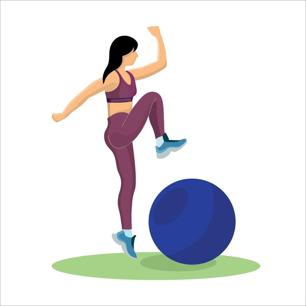 woman does an exercise with fitness ball flat vector illustration design