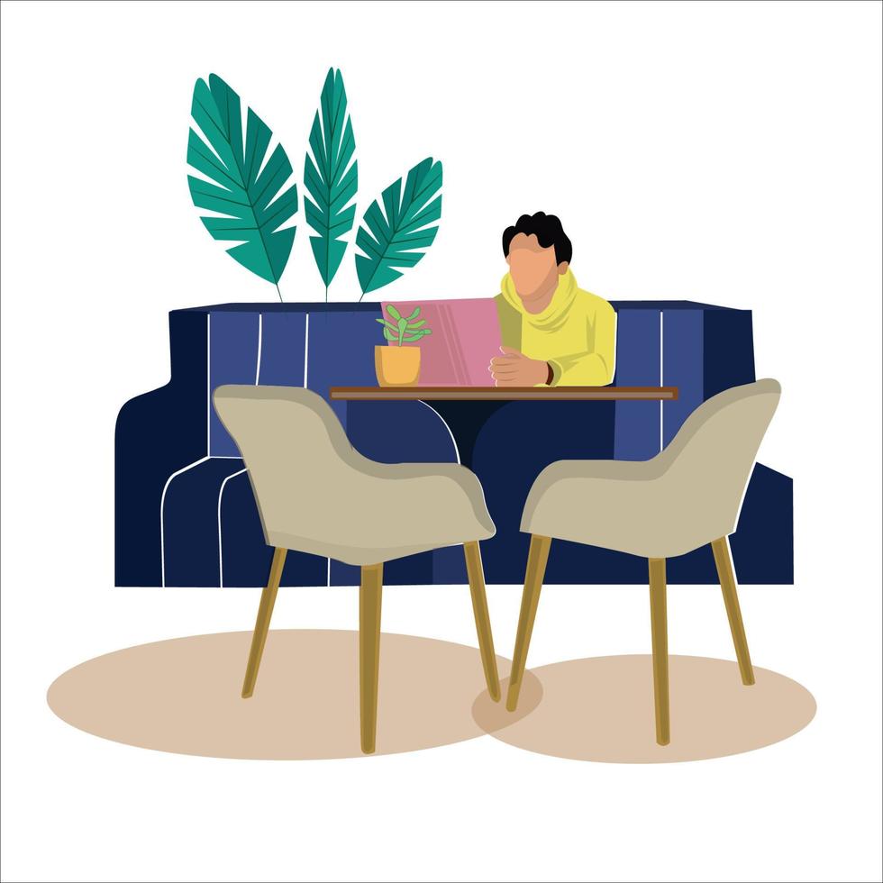 Man working with his laptop at living area flat vector illustration design