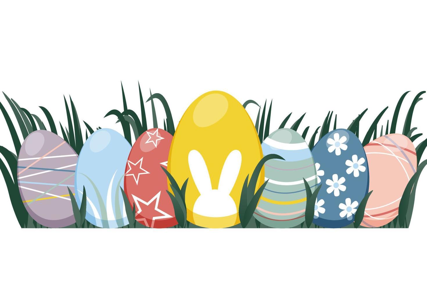 Easter eggs in green grass. Decorated colourful eggs. Vector illustration.