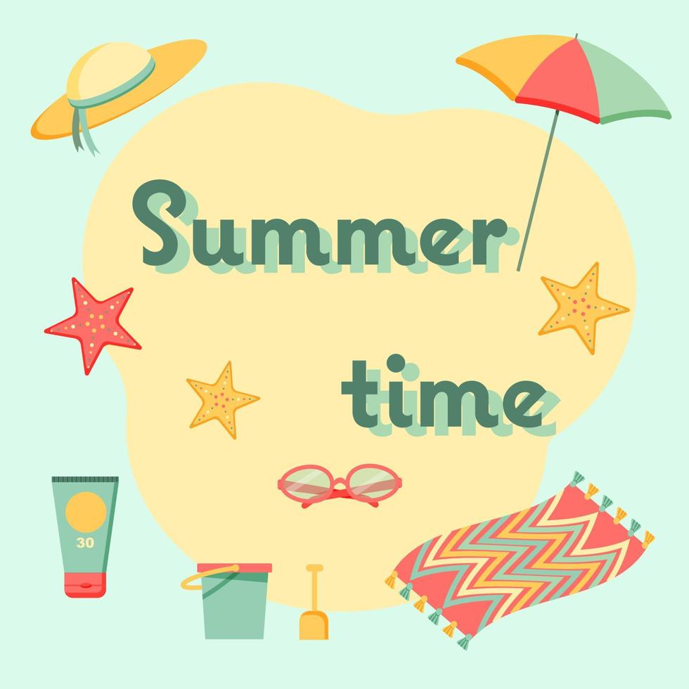 Summer time. Beach items banner, poster. Vector illustration in flat cartoon style.