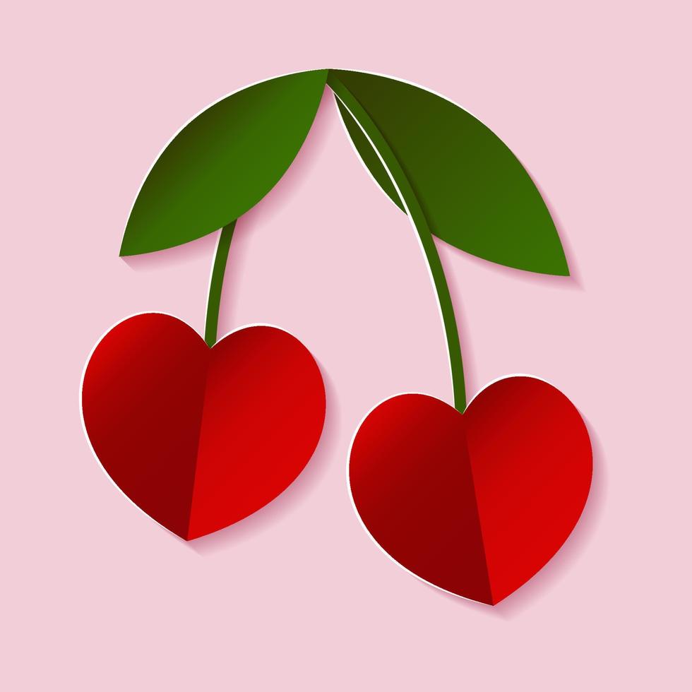 Cherry hearts in paper cut style. Couple of berries illustration. Vector. vector
