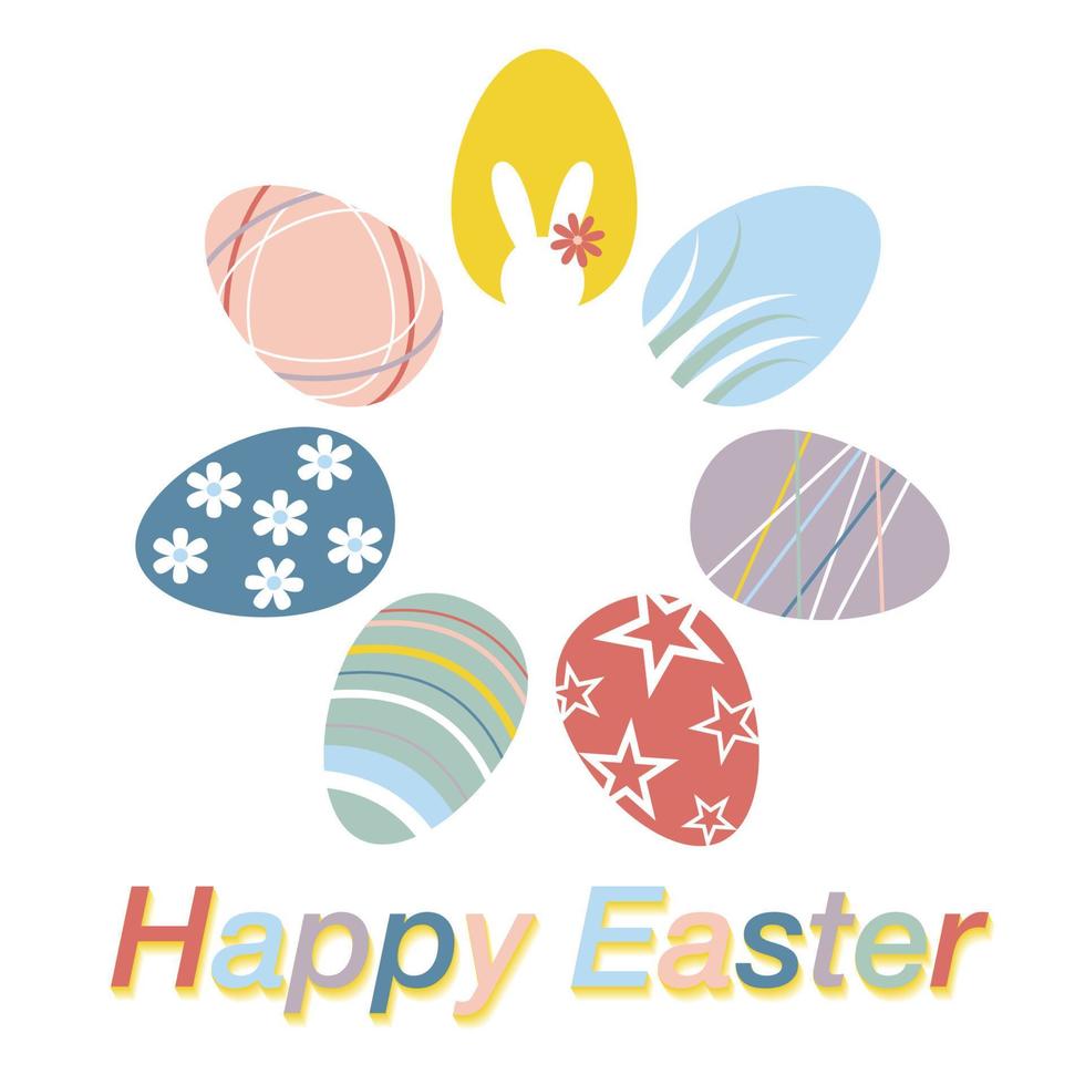 Coloured eggs circle with Bunny and text Happy Easter. Greeting card, poster, banner and etc. Vector illustration.