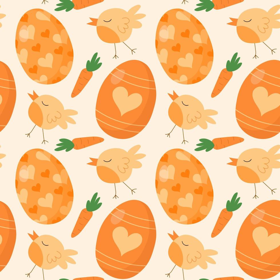 Pattern seamless with orange Easter eggs, chicken bird and carrot. Happy easter holiday elements. Spring easter pattern design for postcard, wrapping paper, textile, wallpaper. vector