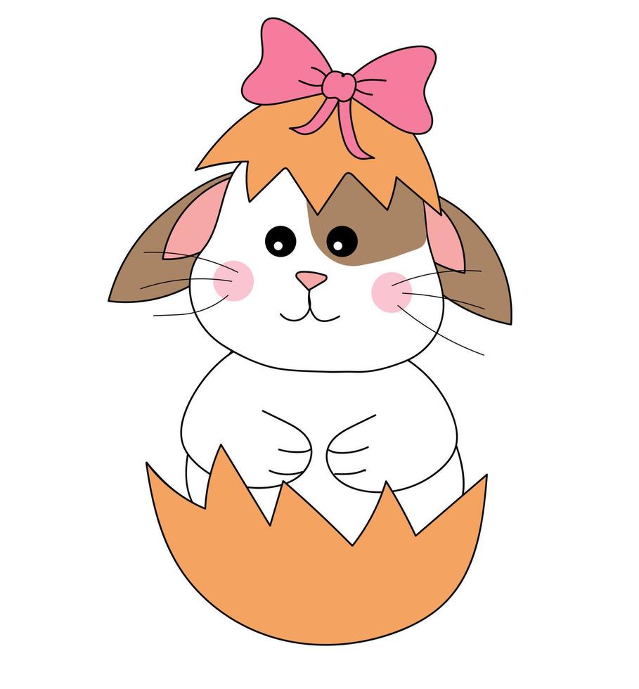 Easter Bunny. The rabbit sits in an eggshell with a bow. Illustration vector animals, easter for icons, stickers, postcards.