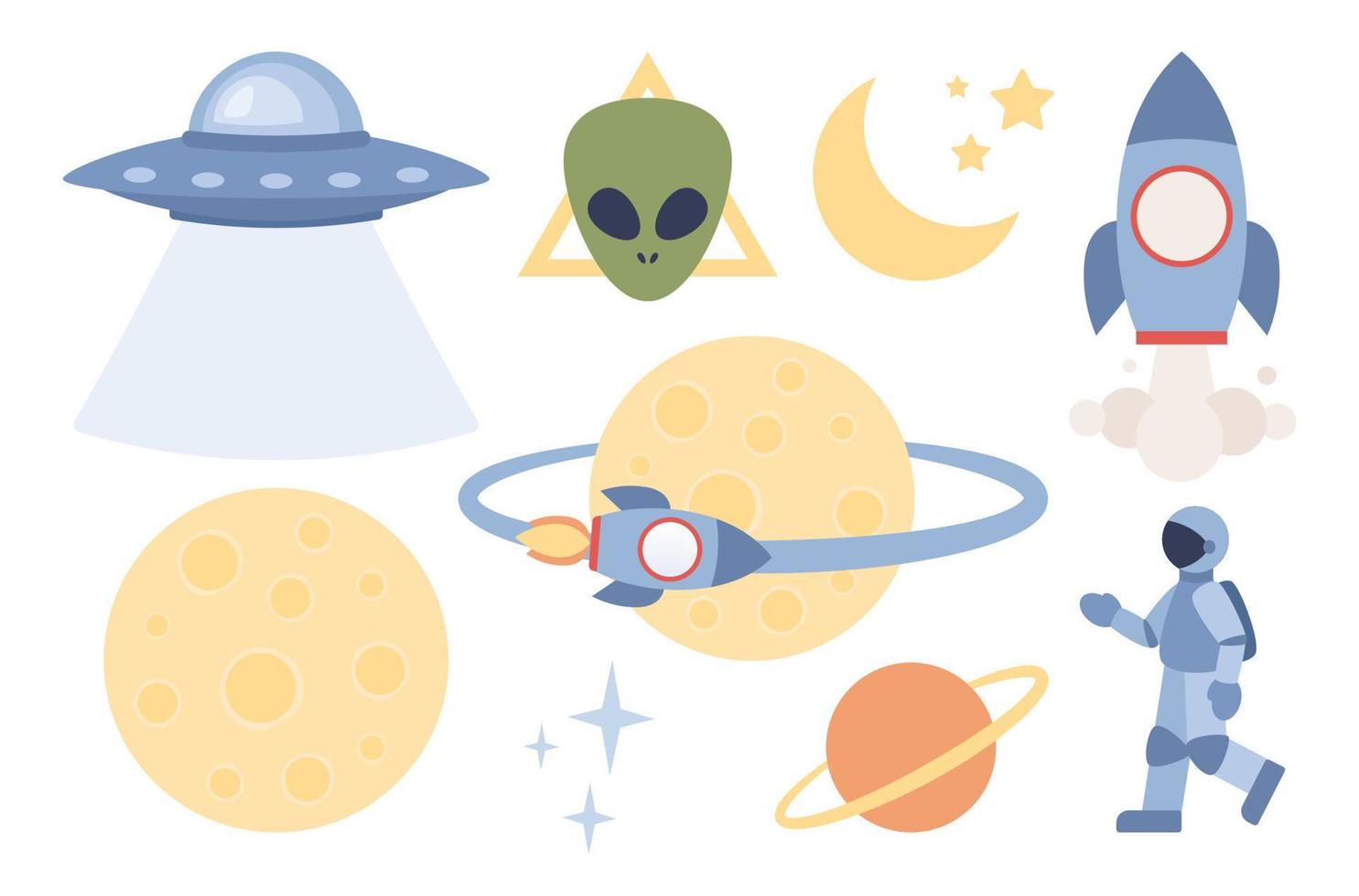 espacio icono colocar. astronauta, cohete, planeta, OVNI, luna, estrellas. espacio viajar, espacio aventuras vector plano ilustración