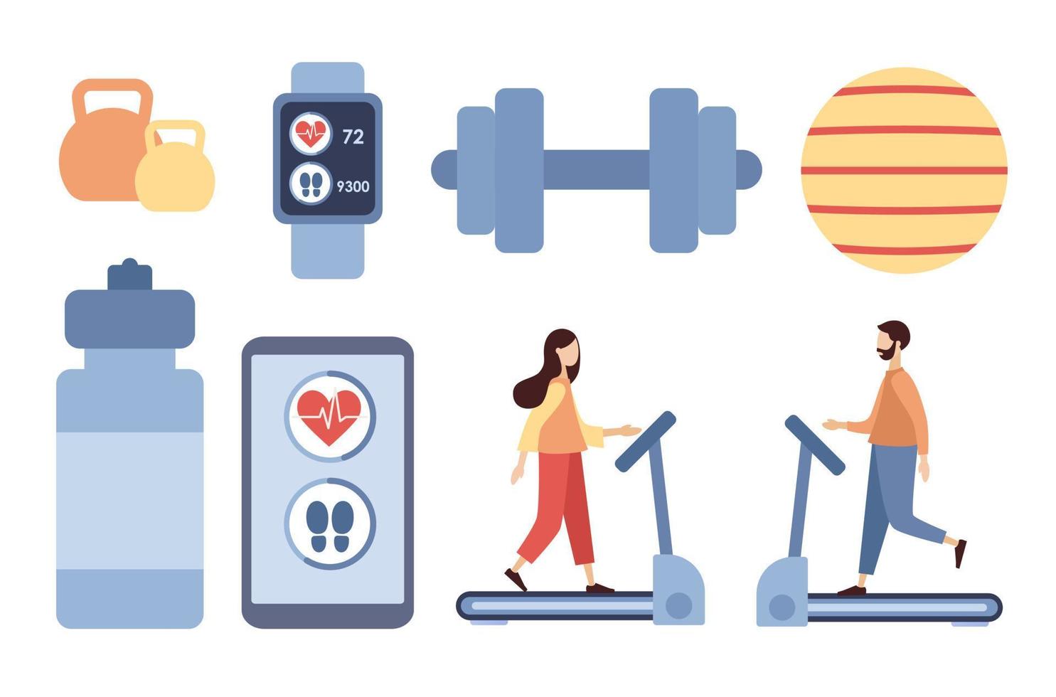 Fitness tool icon set. Sport equipment. Fitness tracker app and smart watch. Sport concept. People on treadmill. Equipment for strength exercises. Vector flat illustration