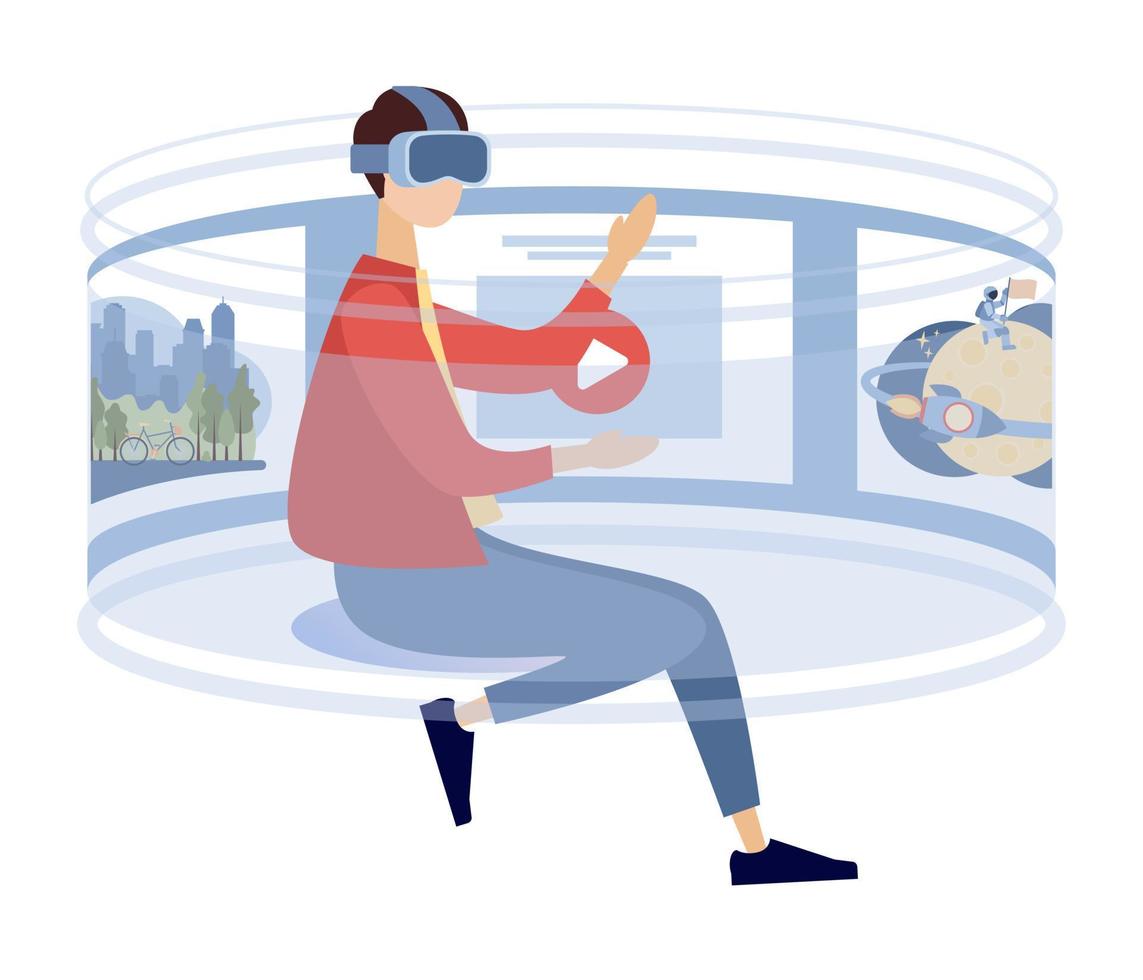 Virtual reality adventure. Man wearing virtual reality goggles. Into VR world. Cyber world future technology. Vector flat illustration