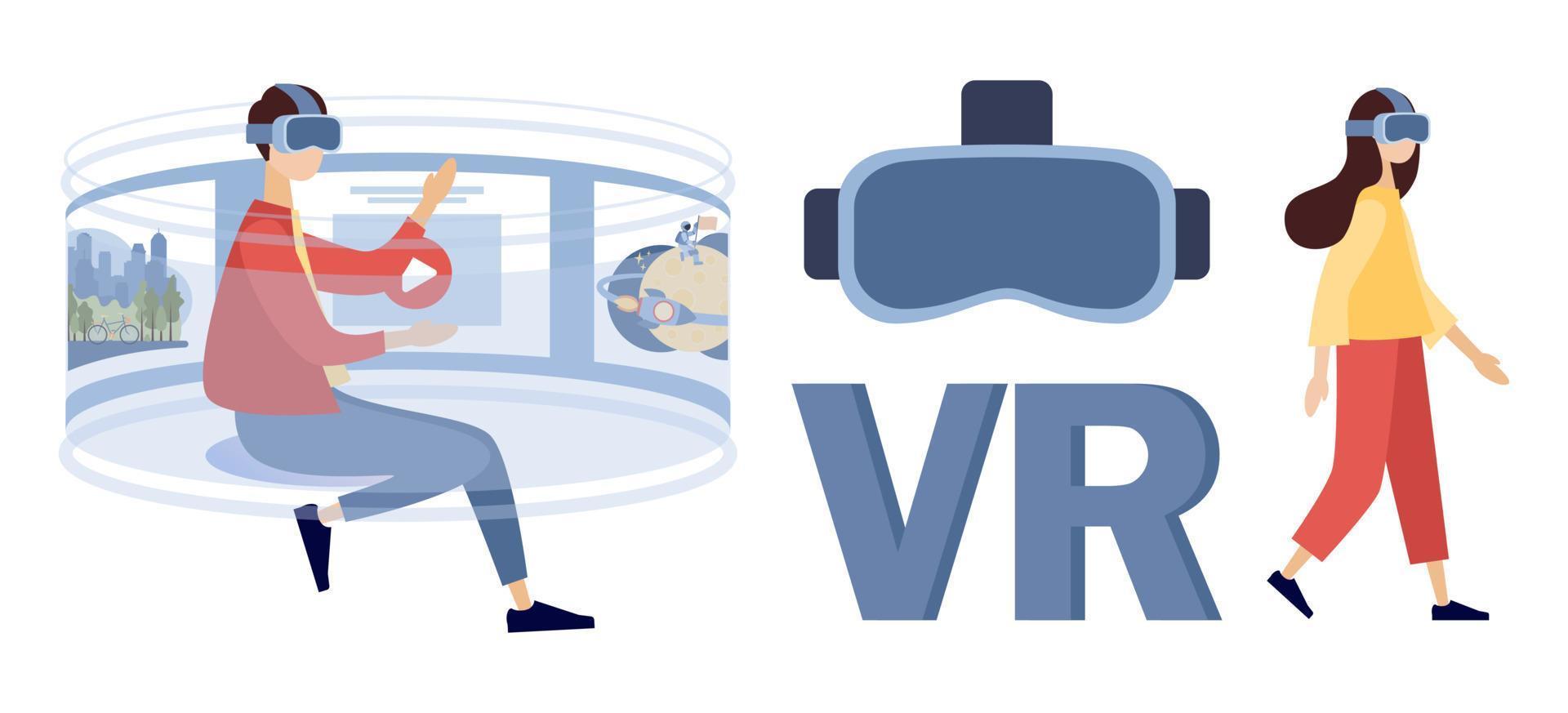 Virtual reality technology set. People wearing virtual reality goggles. Into VR world. Cyber world future. Vector flat illustration