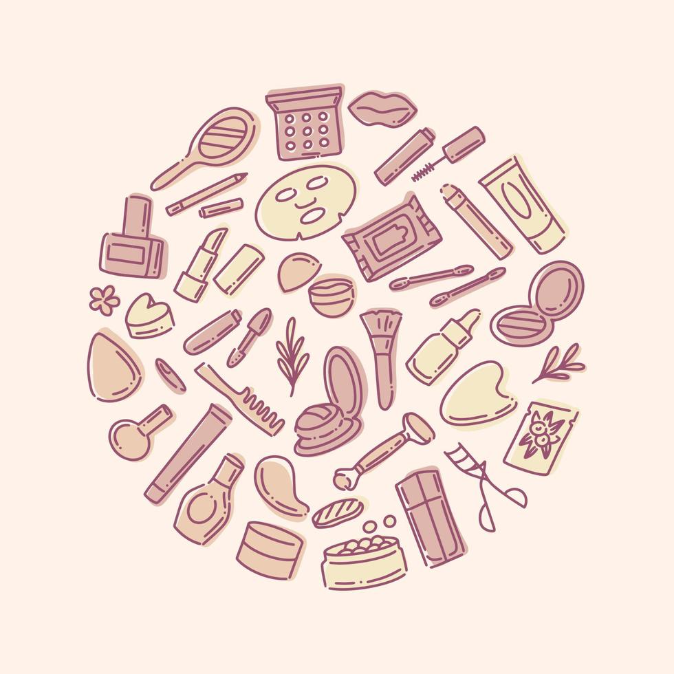 Hand drawn make up objects. Doodle cosmetics background for beauty shop. vector