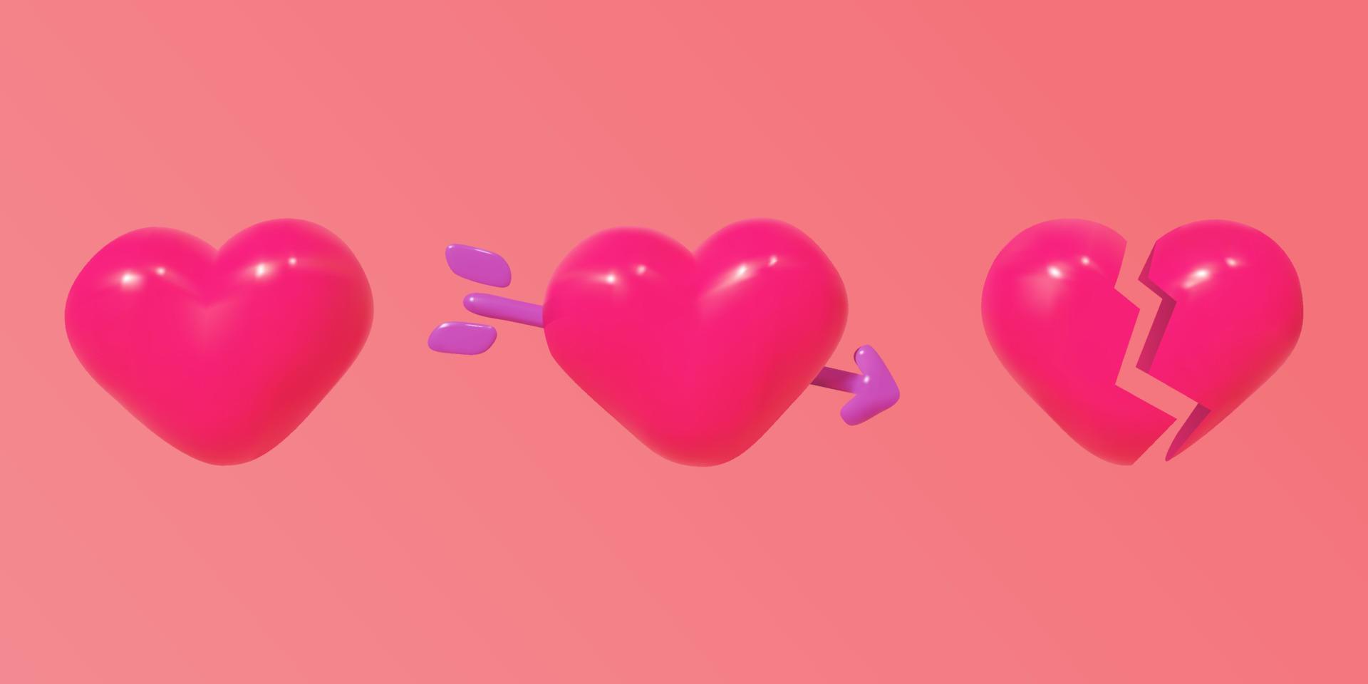 3d dibujos animados vector corazones. corazón con flecha, roto corazón.