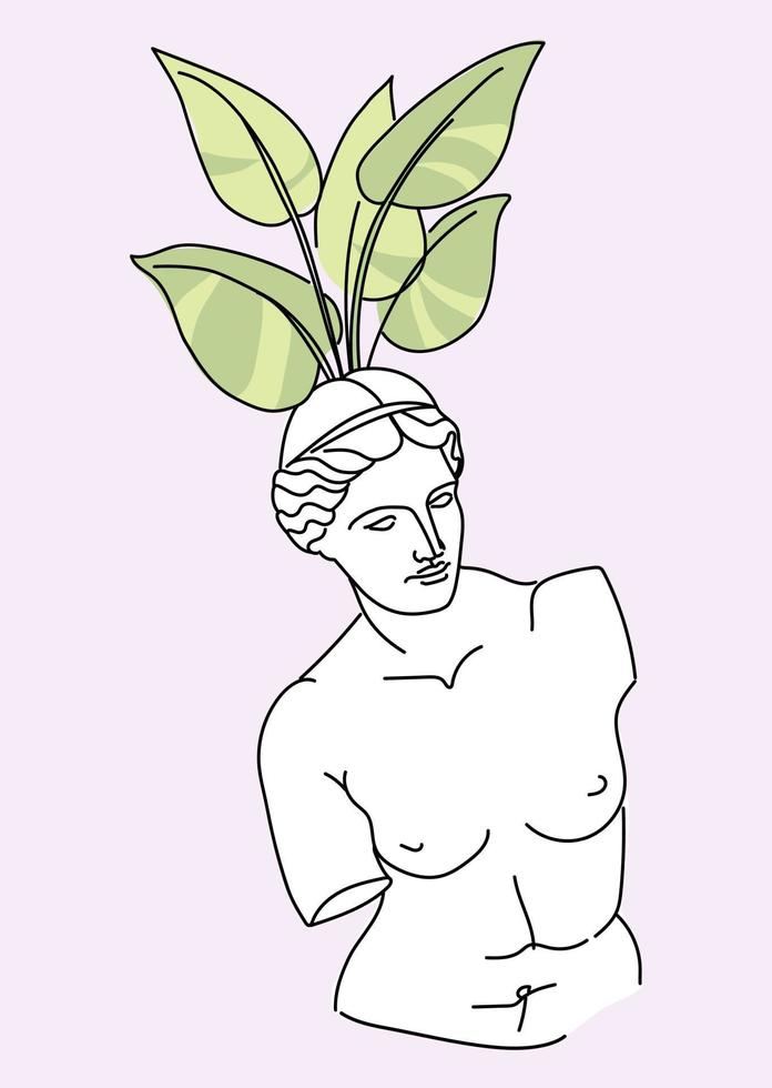 Flower pot in the form of an antique head of a statue with a houseplant. Vector illustration.
