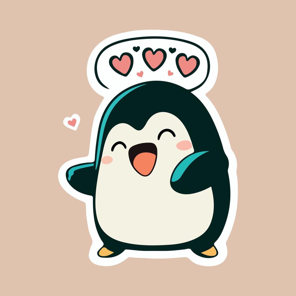 Cute Baby Penguin love and happy expression sticker, flat cartoon style vector illustration with isolated background