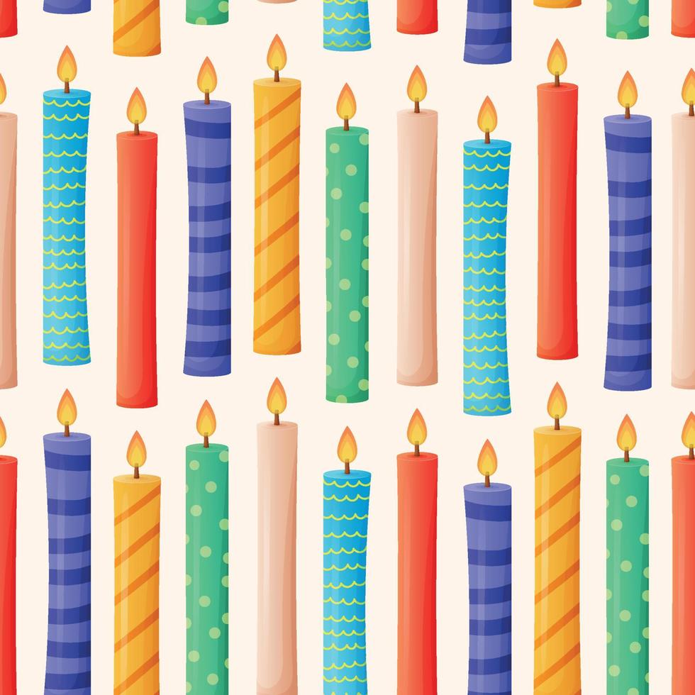 Set of multi-colored festive wax candles with flames. Vector cartoon seamless pattern.