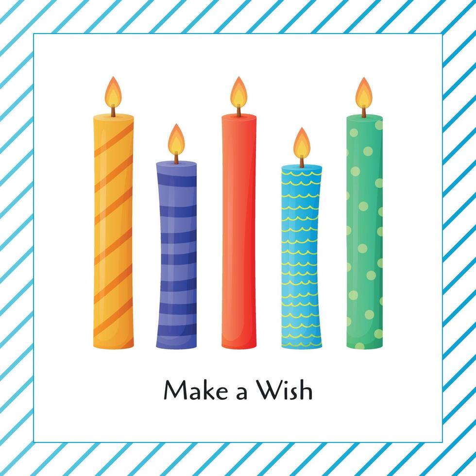 Set of festive wax candles and the inscription make a wish. Vector cartoon gift card or banner.