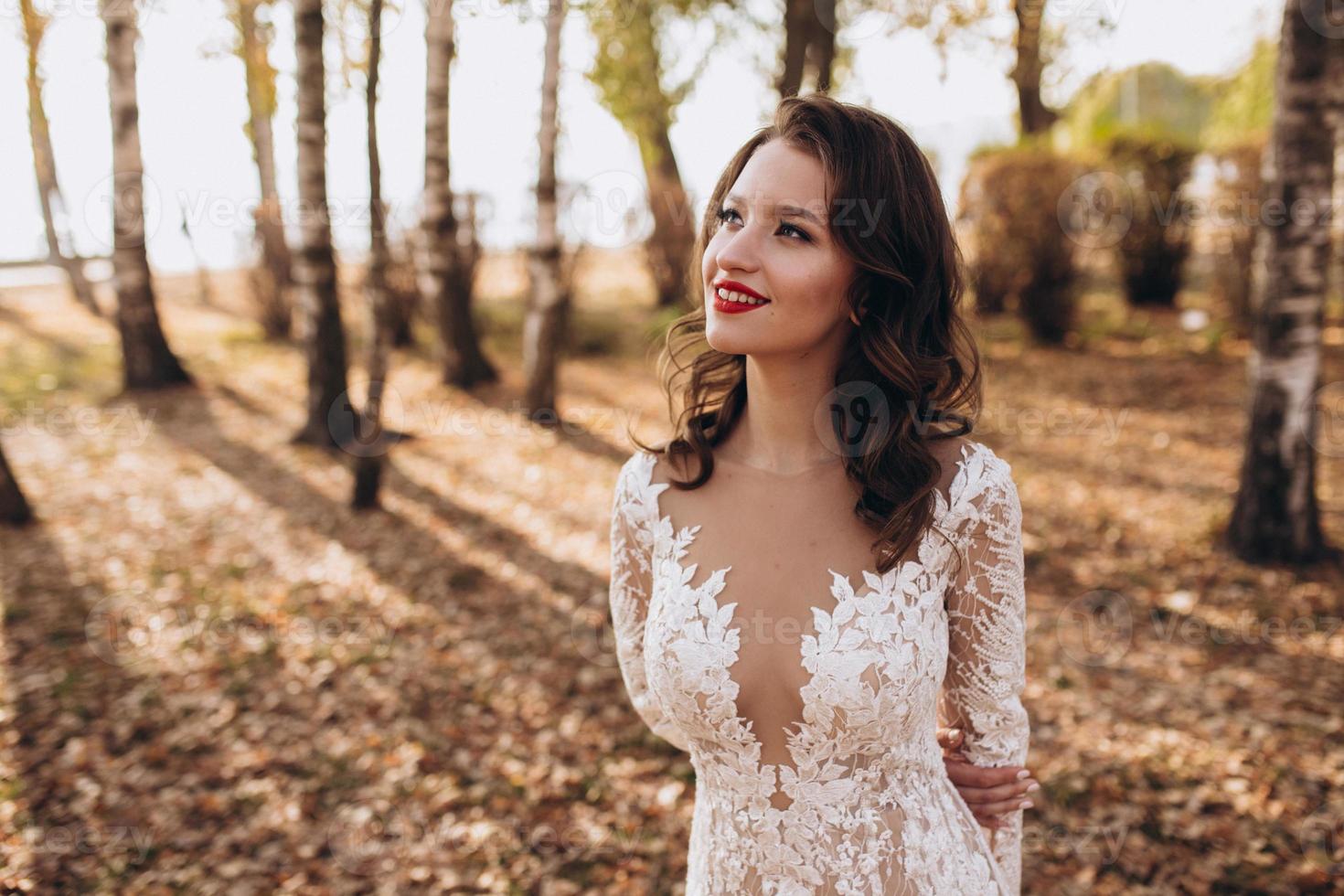 Wedding. Young beautiful bride with hairstyle and makeup posing in white dress and veil. Soft sunset light summer portrait. Girl looking in camera photo