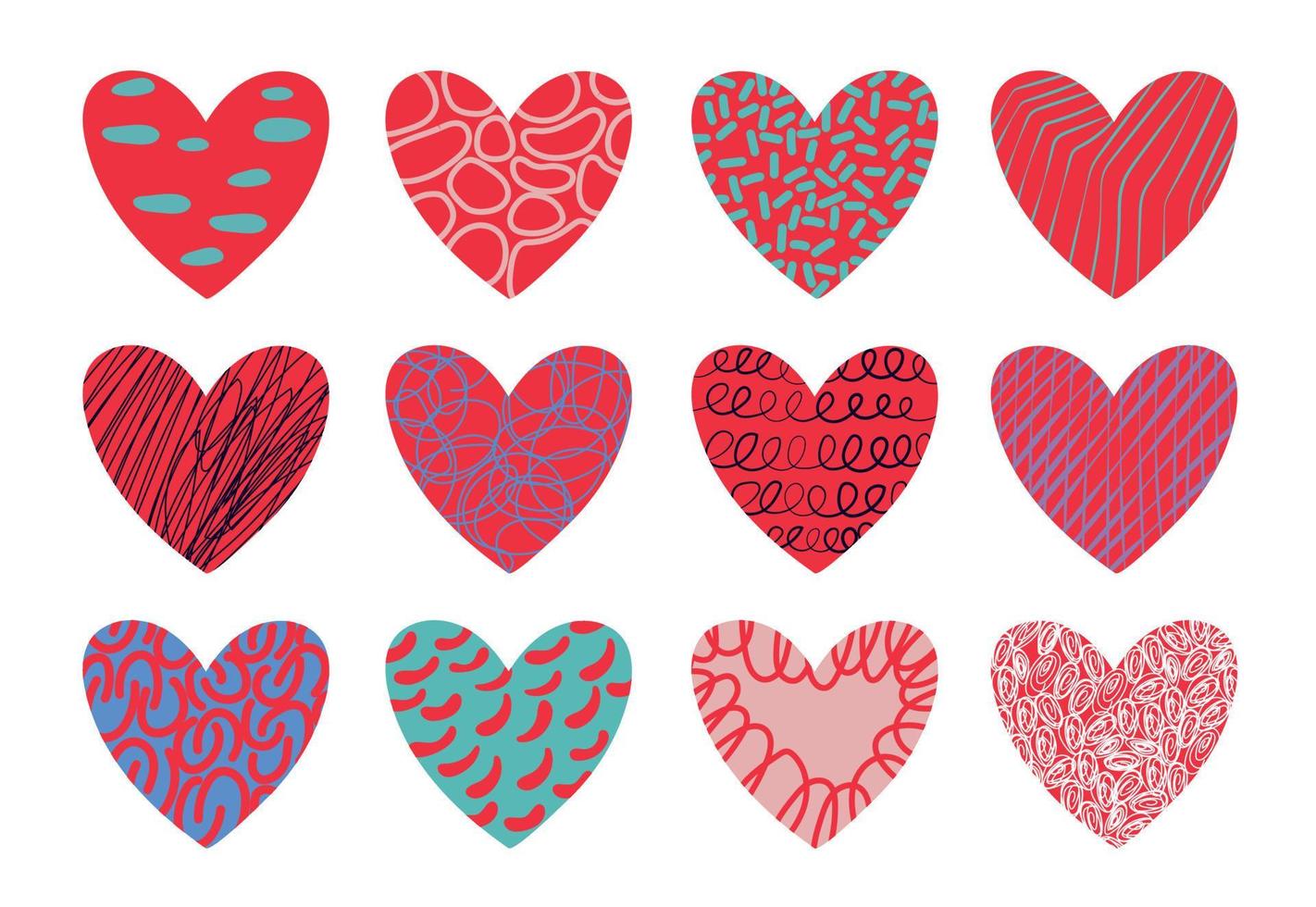 Set of different vector hearts. Romantic abstract symbol for Valentine's Day. With modern pattern and bright paint texture. Collection of collage drawing style figures.