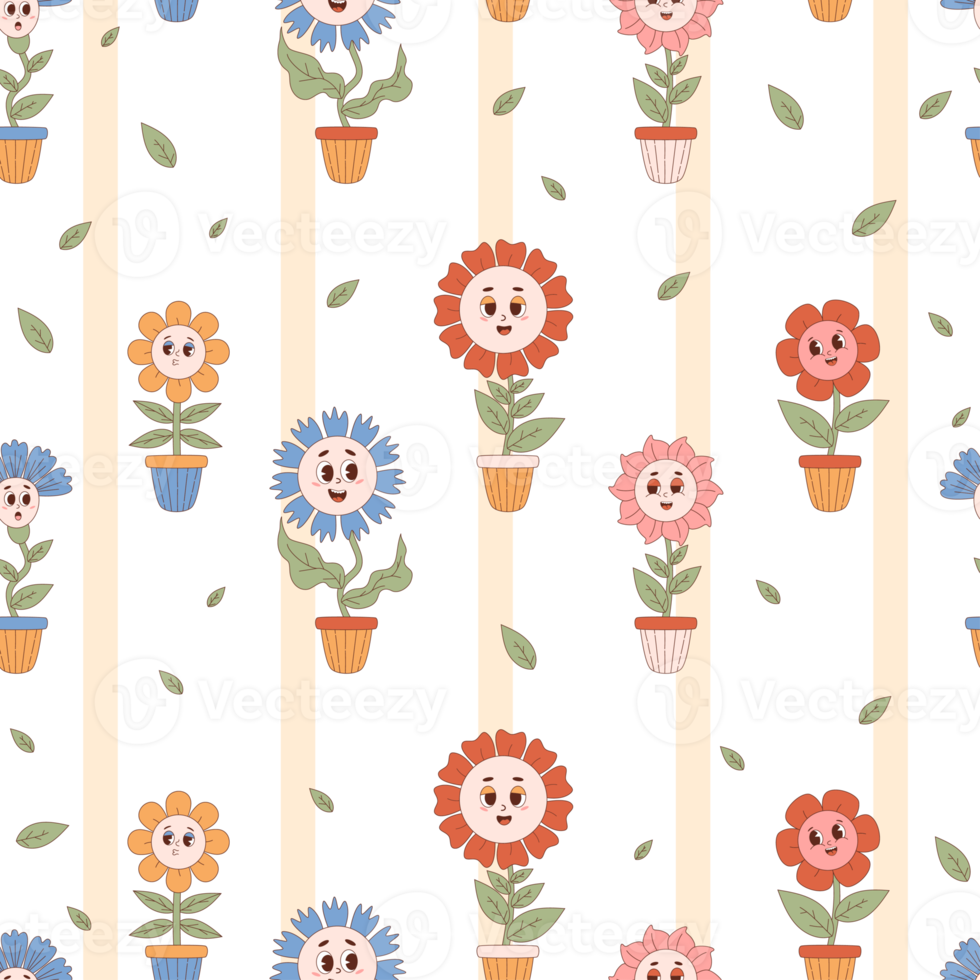 Retro seamless pattern with Groovy flower power png