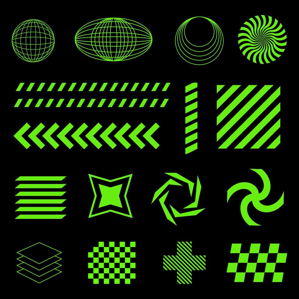 Streetwear element, Retro futuristic set, green Y2k element on black background vector