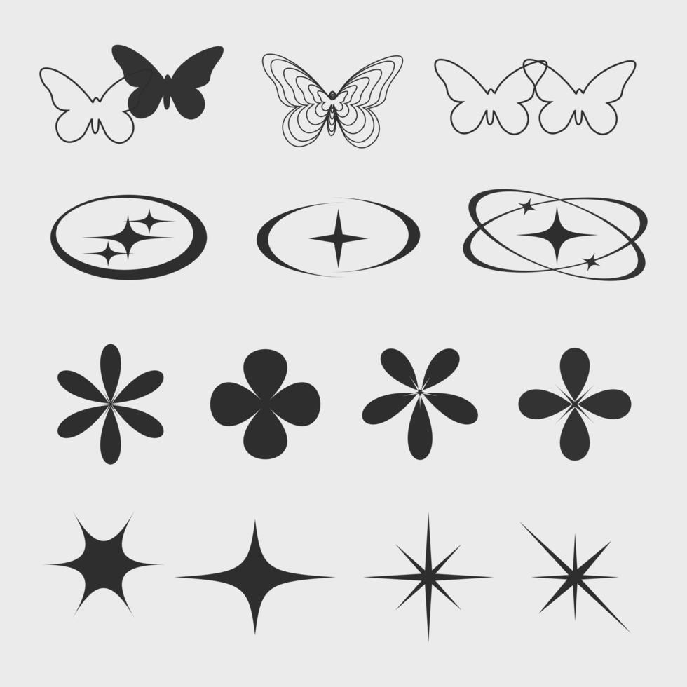 Y2k element set, flower, butterfly star and oval element design, streetwear element vector