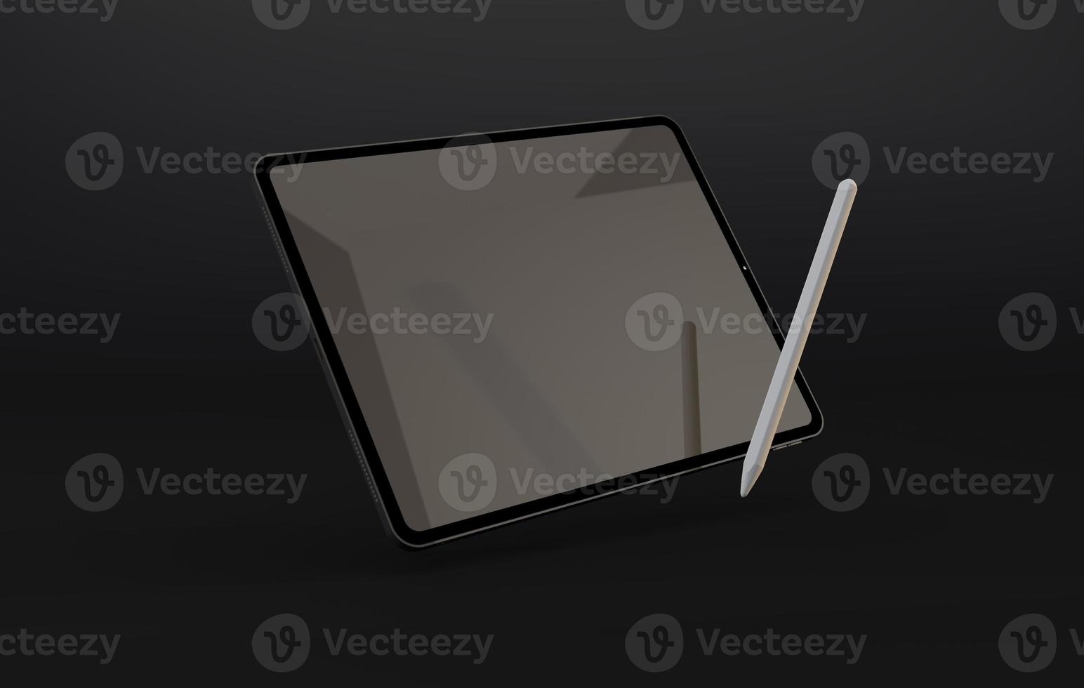 Tablet and white pencil floating on black background photo