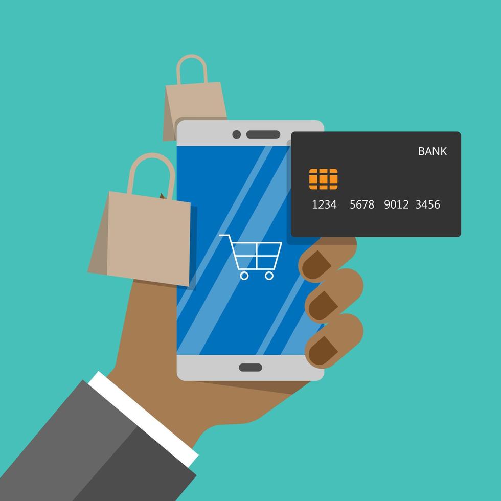 Vector flat design style of hand holding smartphone around by shopping bag and credit card, marketing and online paying, electronic payment buying via internet concept.