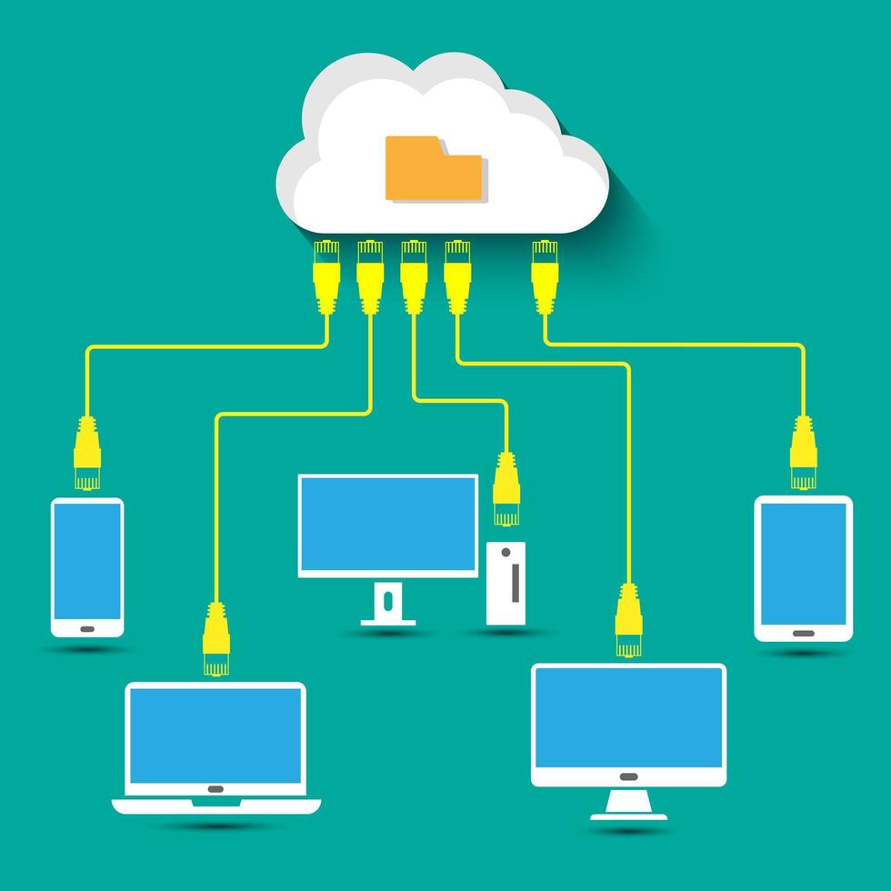 vector plano diseño de Internet dispositivo conectar a el nube servidor, nube informática información y datos acceso, en línea Internet base de datos archivo carpeta servicio, grande datos transferir concepto