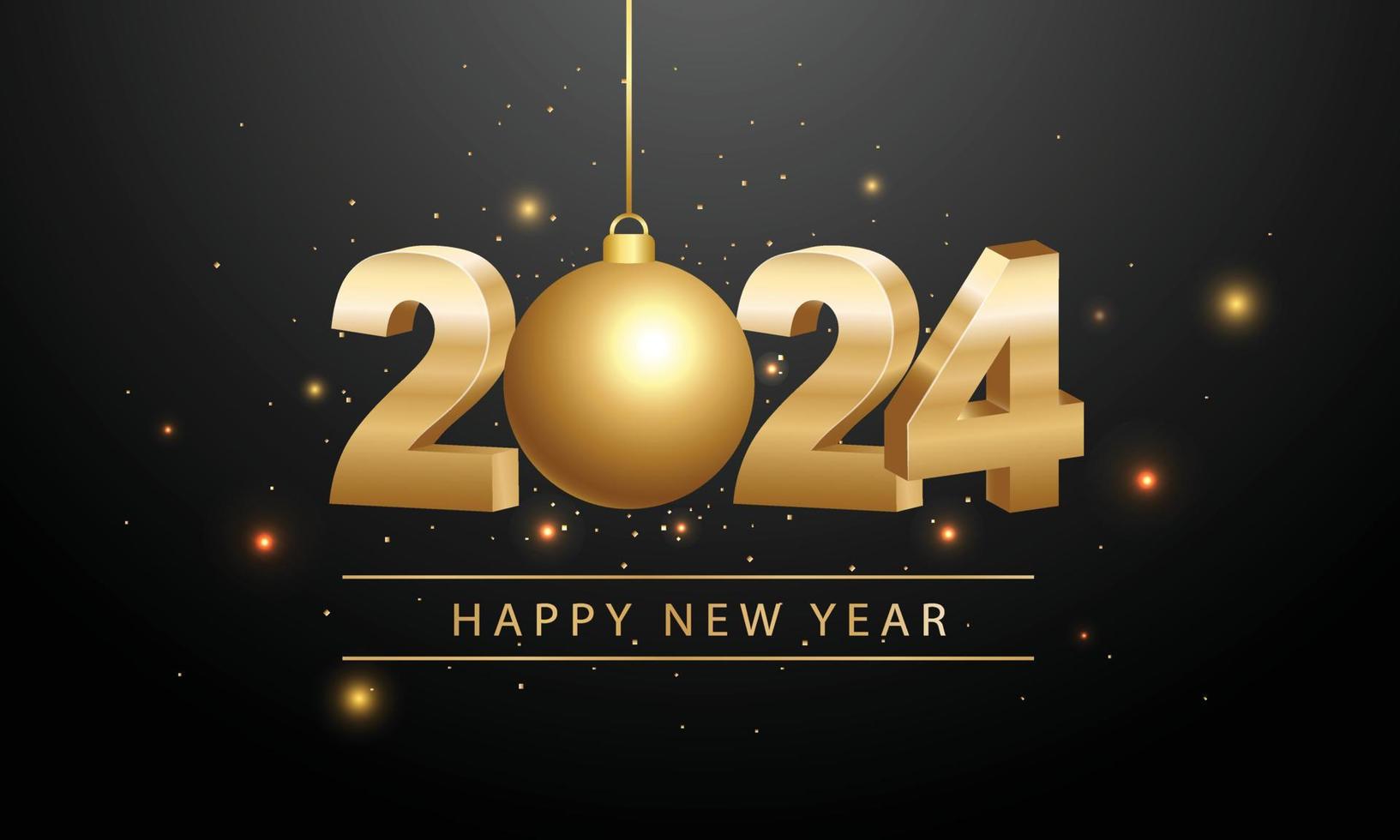 Happy new year 2024. 3d gold numbers with golden Christmas decoration and  confetti on dark background. Holiday greeting card design. 21016774 Vector  Art at Vecteezy