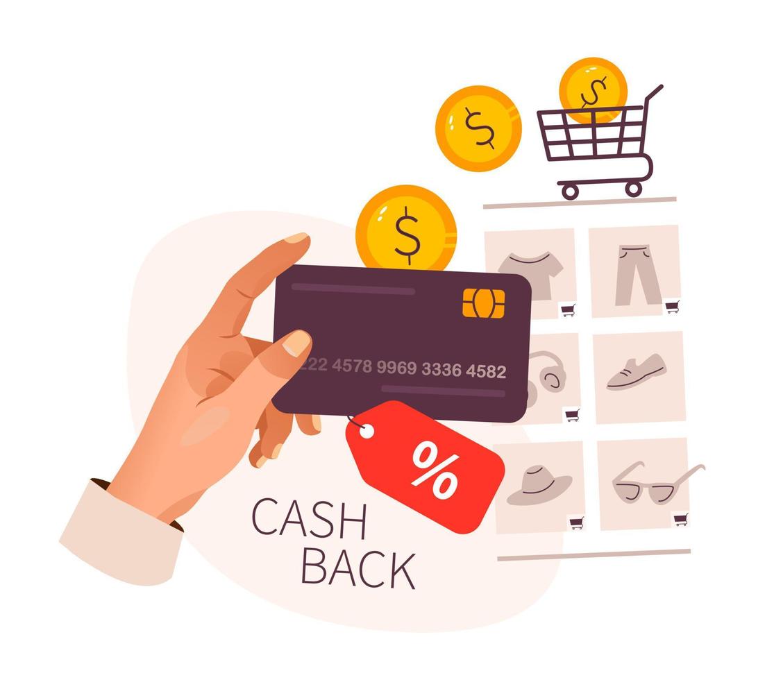 Online shopping, cashback. Online store in the phone. Shopping online using a mobile app on a smartphone. Vector illustration.