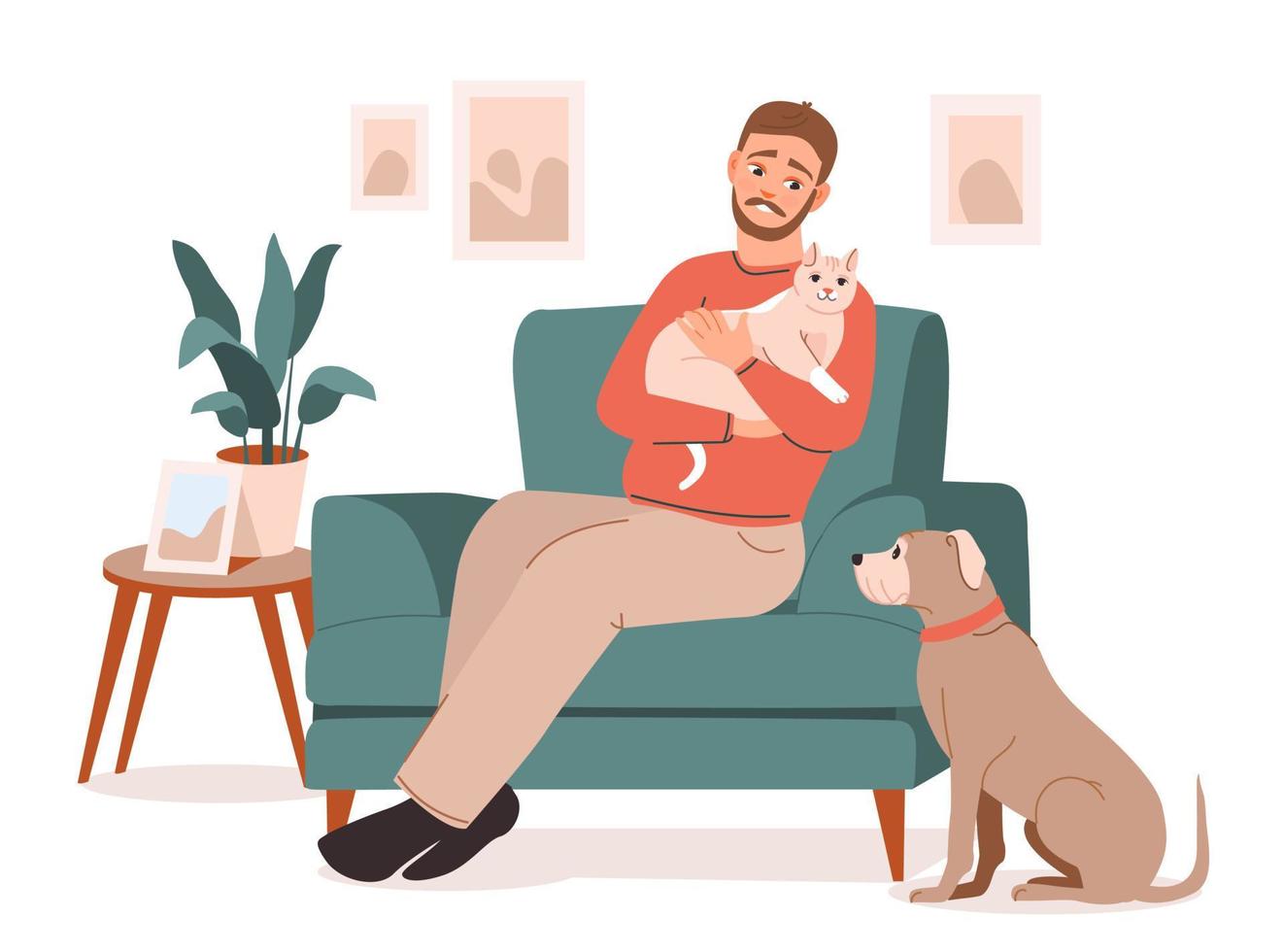 Pet owner. A man is sitting on a chair and hugging a cat. A cat and a dog are resting with their owner. Flat vector illustration.