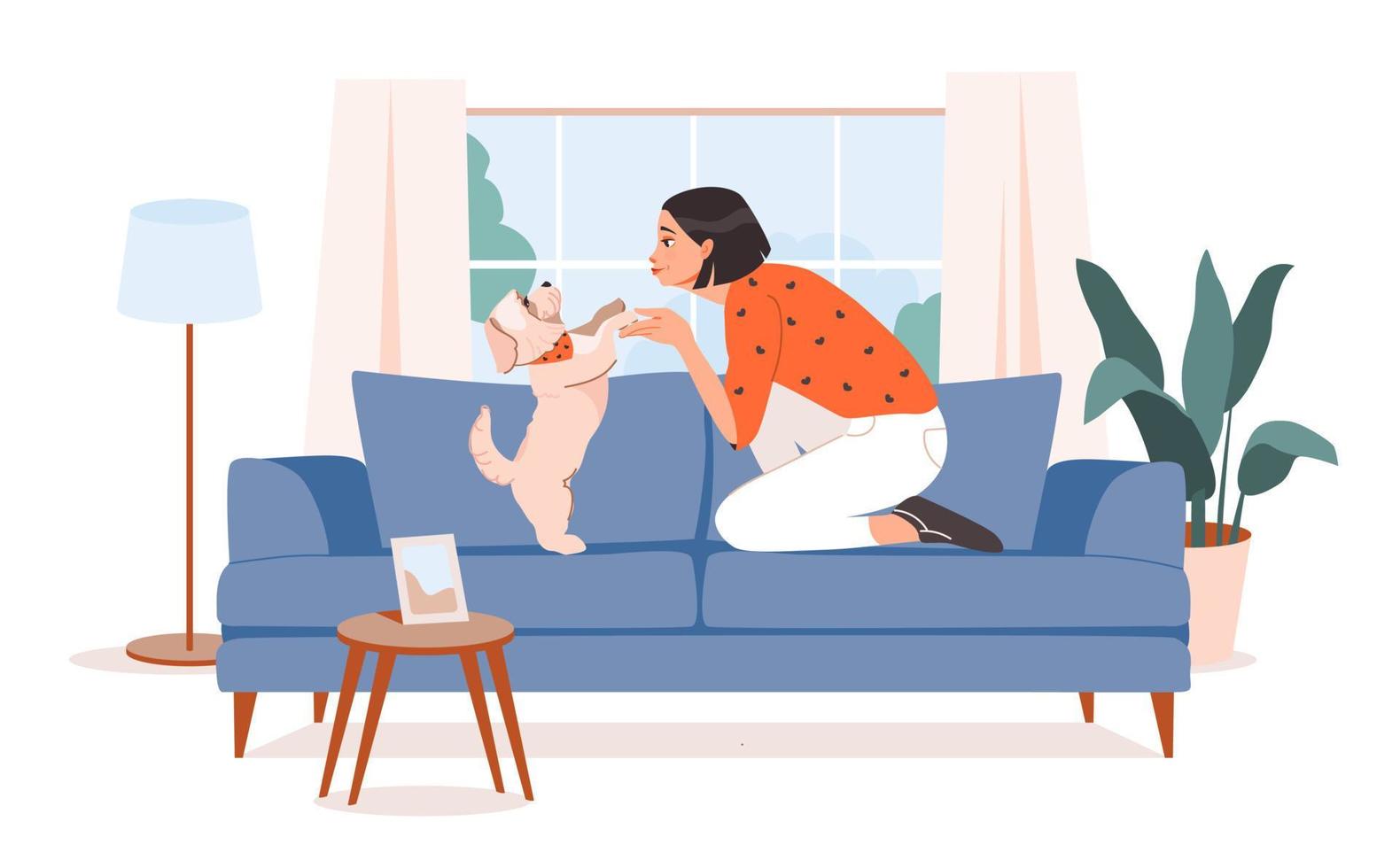 Pet owner. A woman is playing with a dog on the sofa. Relaxing with a pet. Flat vector illustration.