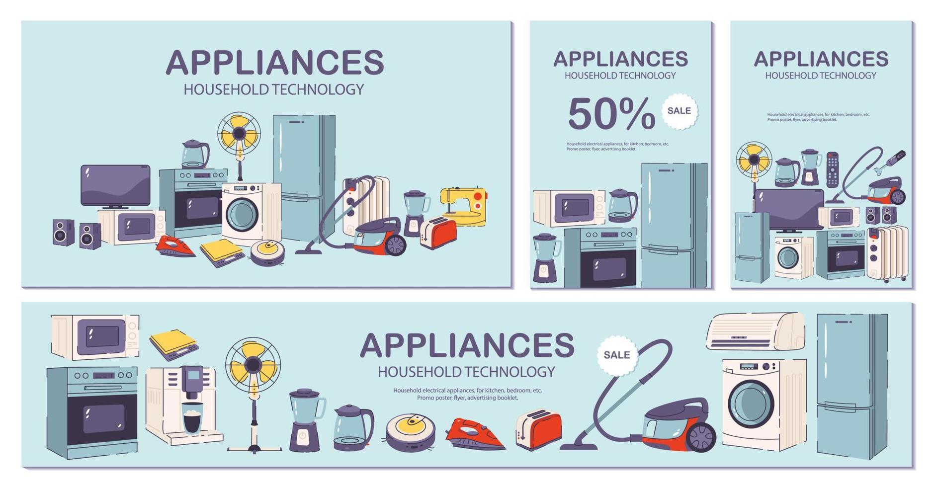 Household and kitchen appliances. Template for banners, flyers, landing pages, posters with electrical devices. Flat vector illustration