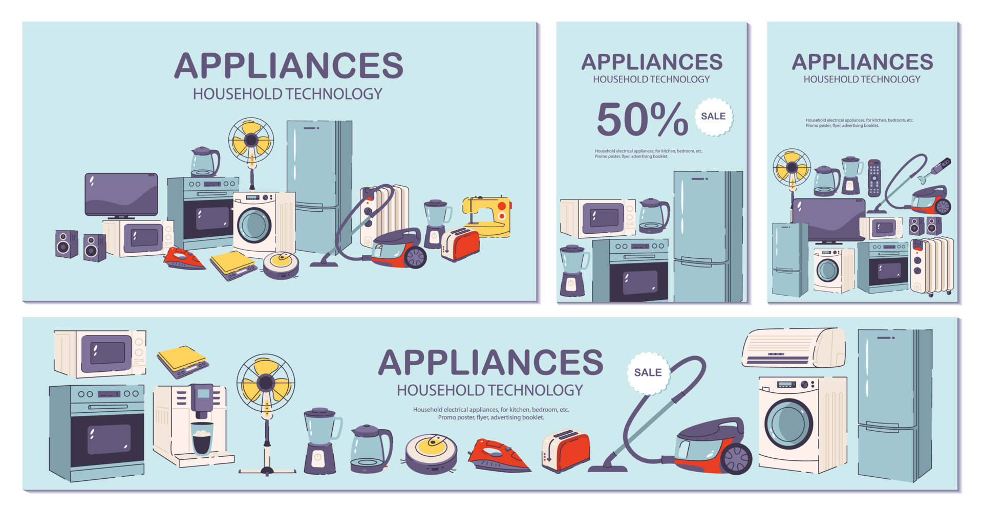 Household and kitchen appliances. Template for banners, flyers, landing