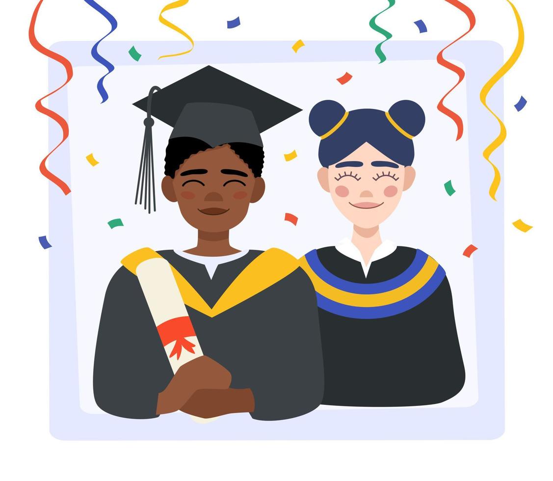 Students of different nationalities celebrating graduation. Portrait of a group of students in robes. Vector illustration in flat style.