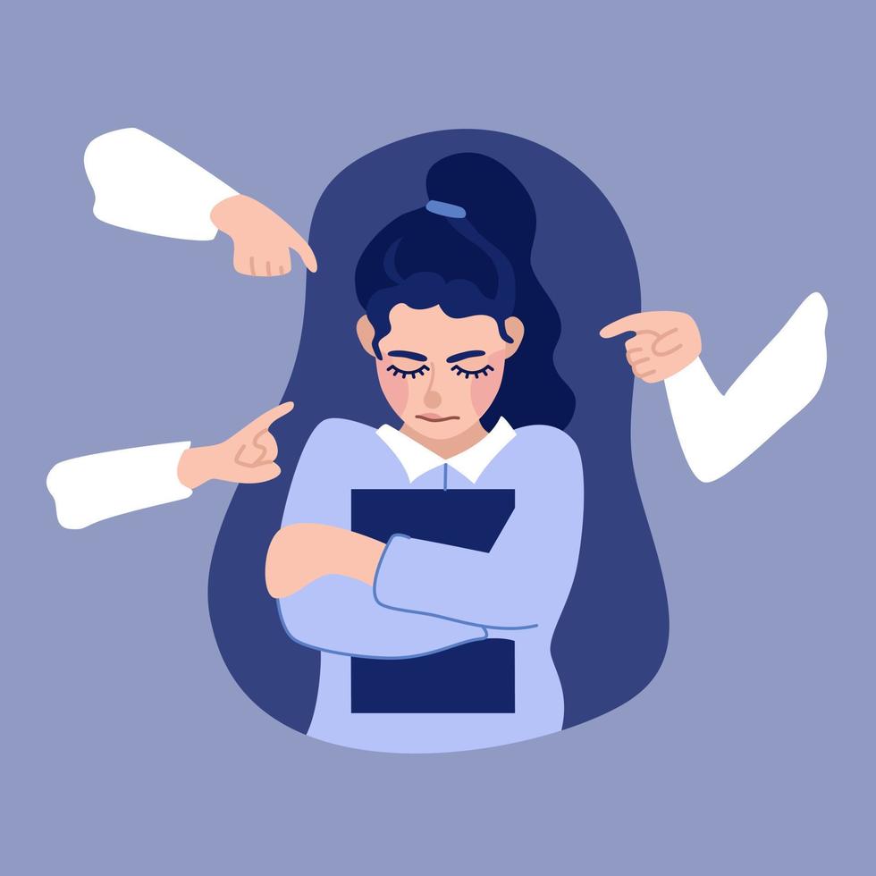 Illustration of depression, shaming, abuse and child bullying in flat style. Sad girl hugs herself, holding book. Someone points fingers at her. Vector illustration