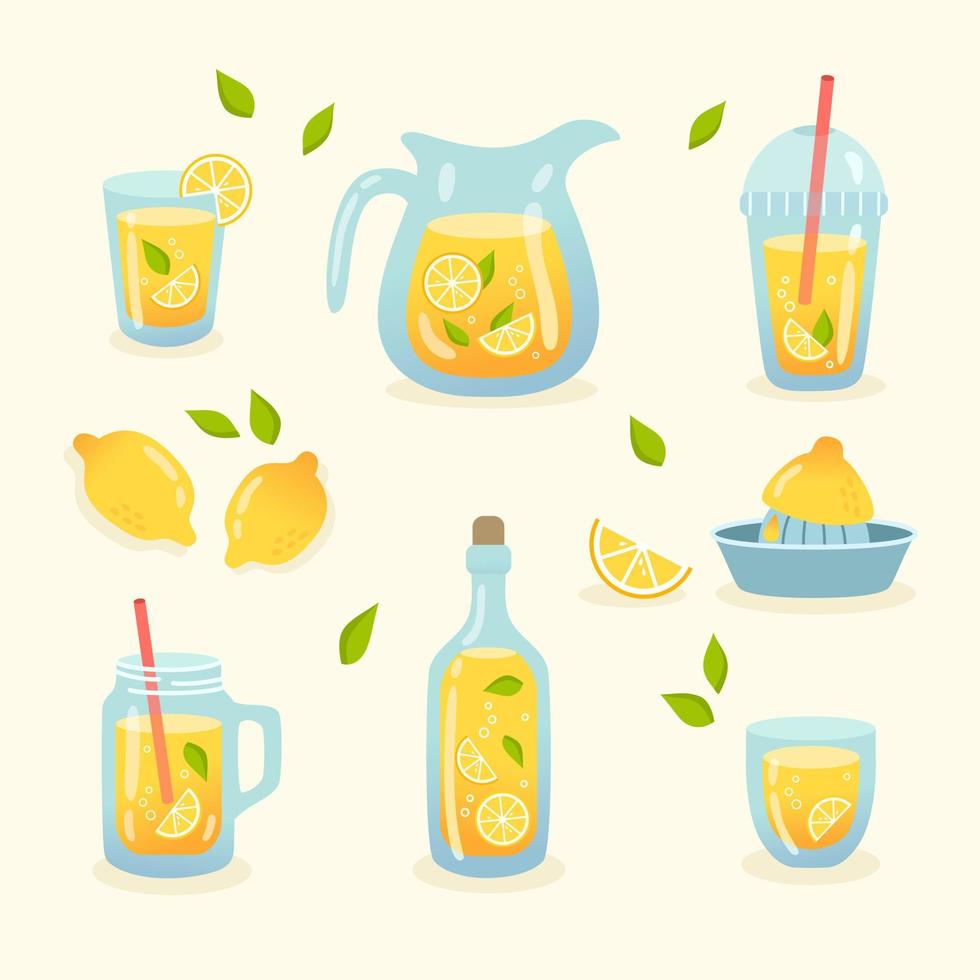 conjunto de limonada elementos en plano estilo. lentes con un paja, un jarra, un botella de limonada, un exprimidor refrescante bebidas con limón. vector ilustración