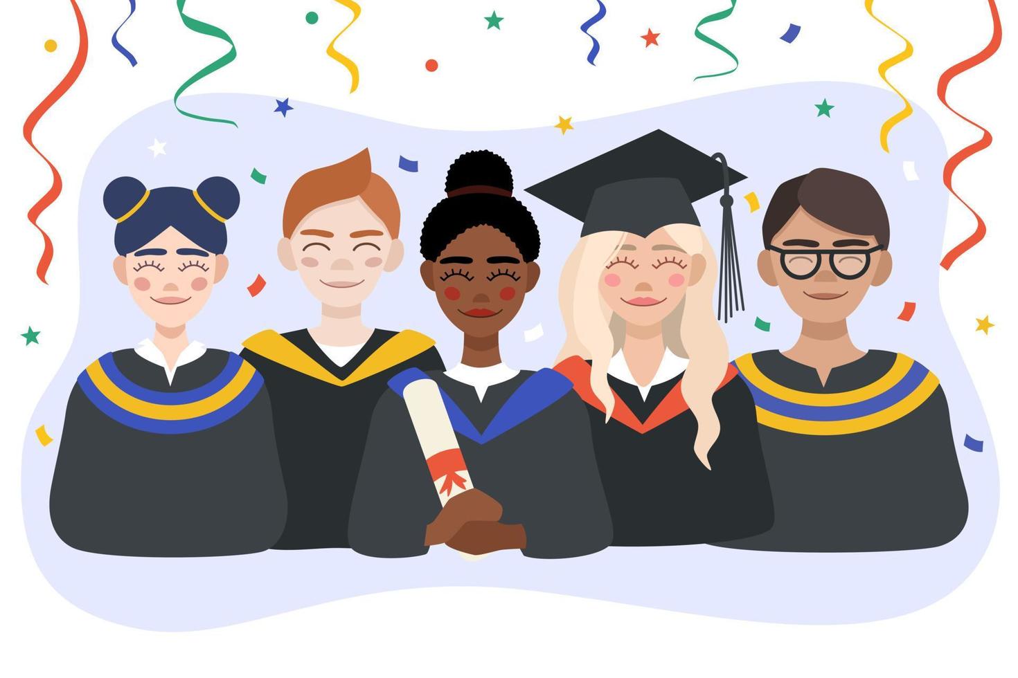 Students of different nationalities celebrating graduation. Portrait of a group of students in robes. Vector illustration in flat style.