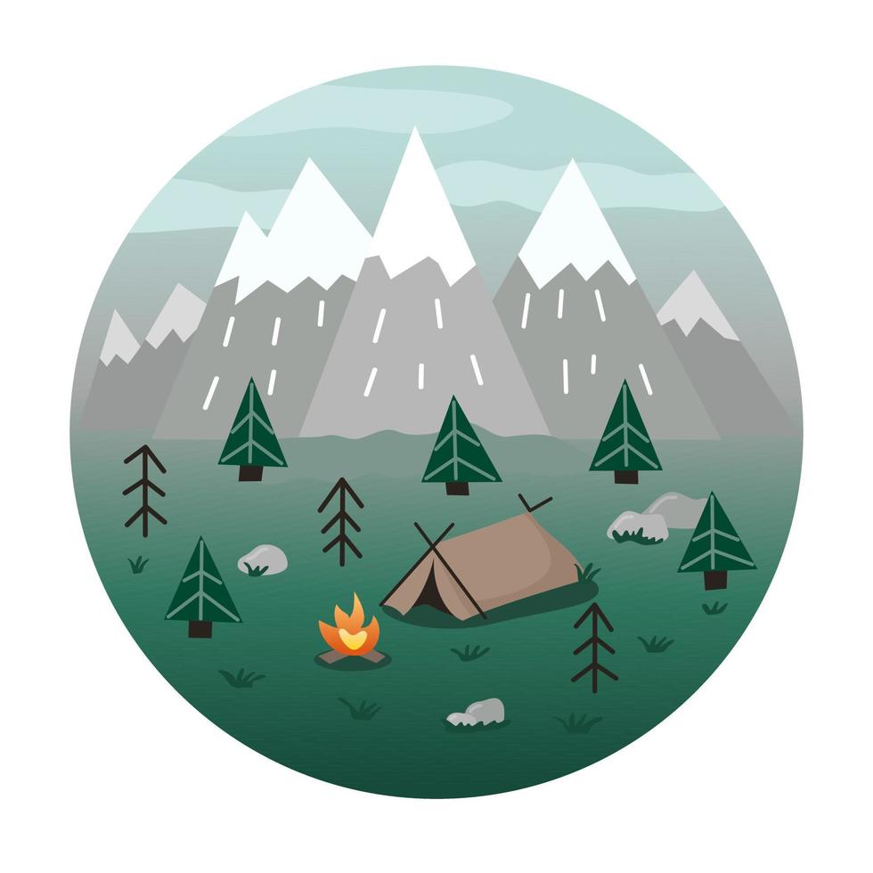 Camping, forest, mountains in cartoon flat style. Round icon illustration. Vector illustration