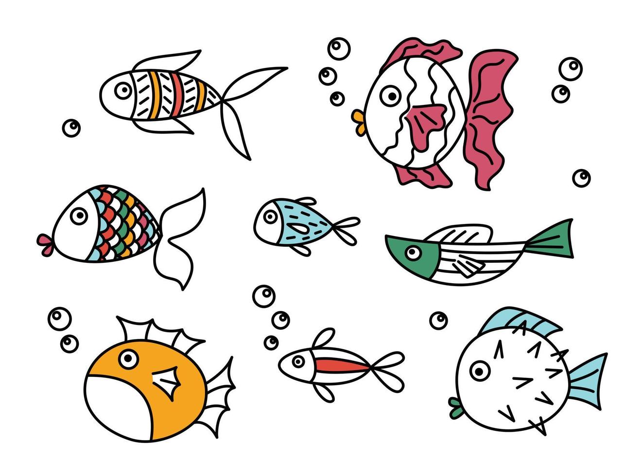 Set of cute fish colored doodle cartoon style. Vector illustration