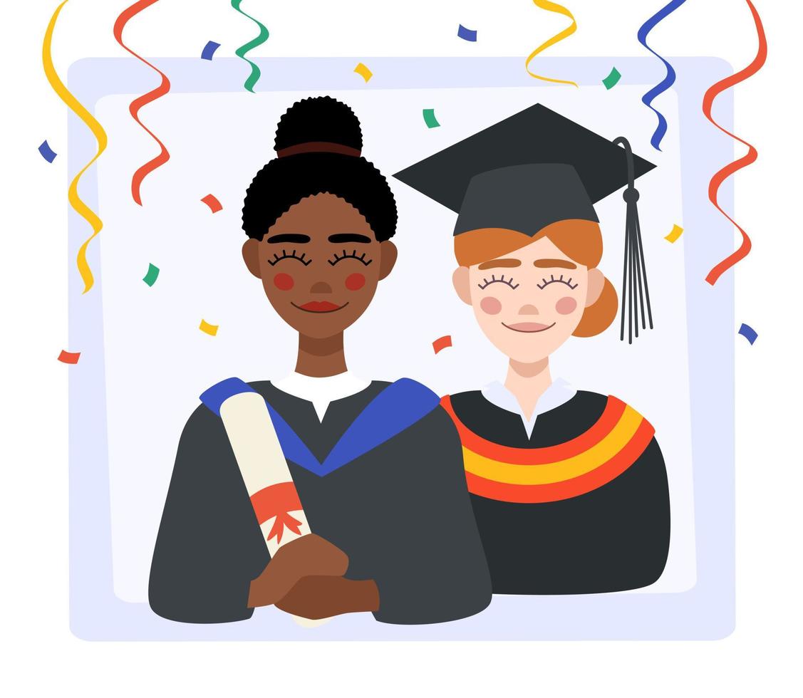 hembra estudiantes de diferente nacionalidades celebrando graduación. retrato de hembra estudiantes en túnicas vector ilustración en plano estilo.