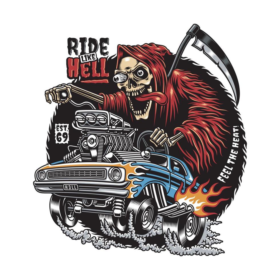 Grim Reaper Driving Hot Rod Cartoon Vector Graphics