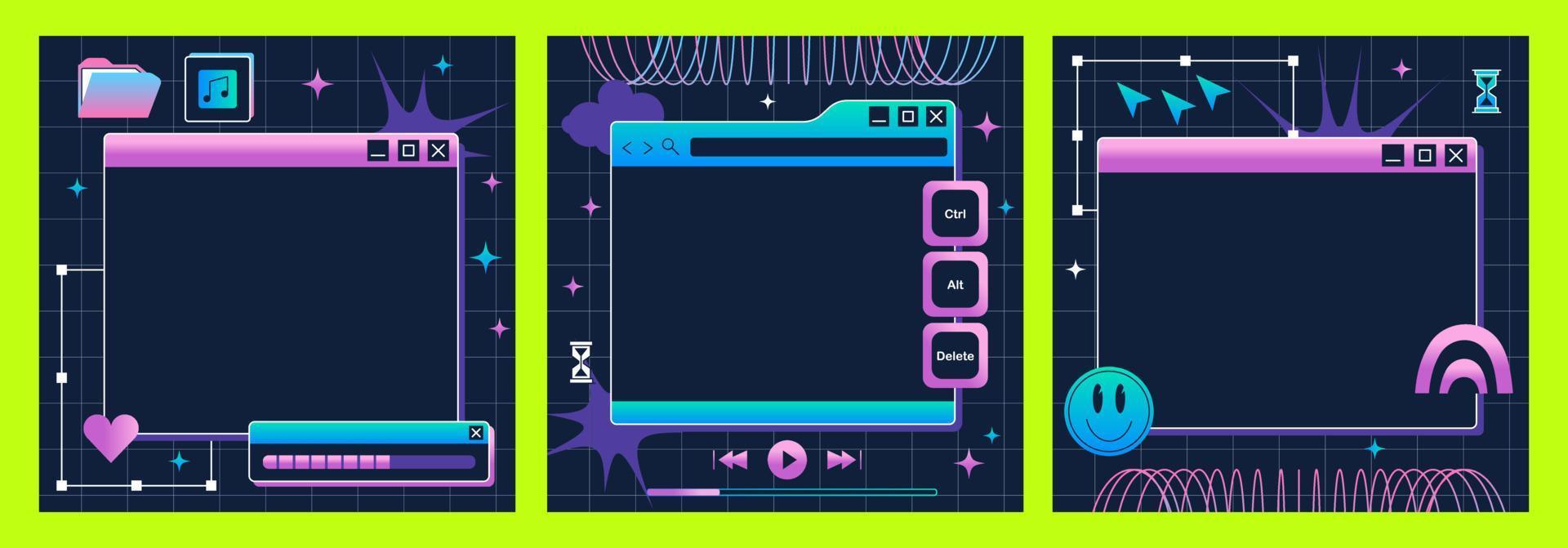 el pantalla de un antiguo retro ordenador personal en el y2k estilo. retro ola y onda de vapor antecedentes. brillante Clásico computadora interfaz vector