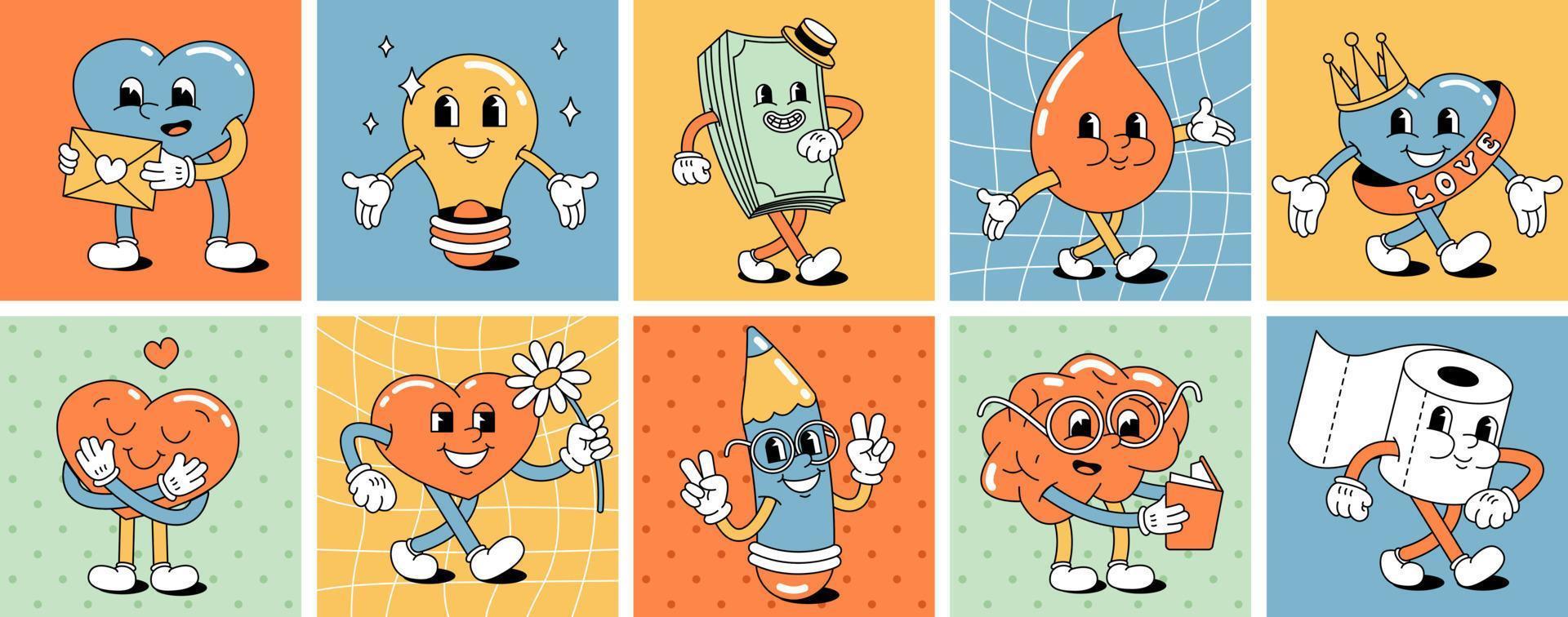 A set of funny happy cartoon characters in the style of the 70s, 60s. Hearts. Positive and good vibes vector