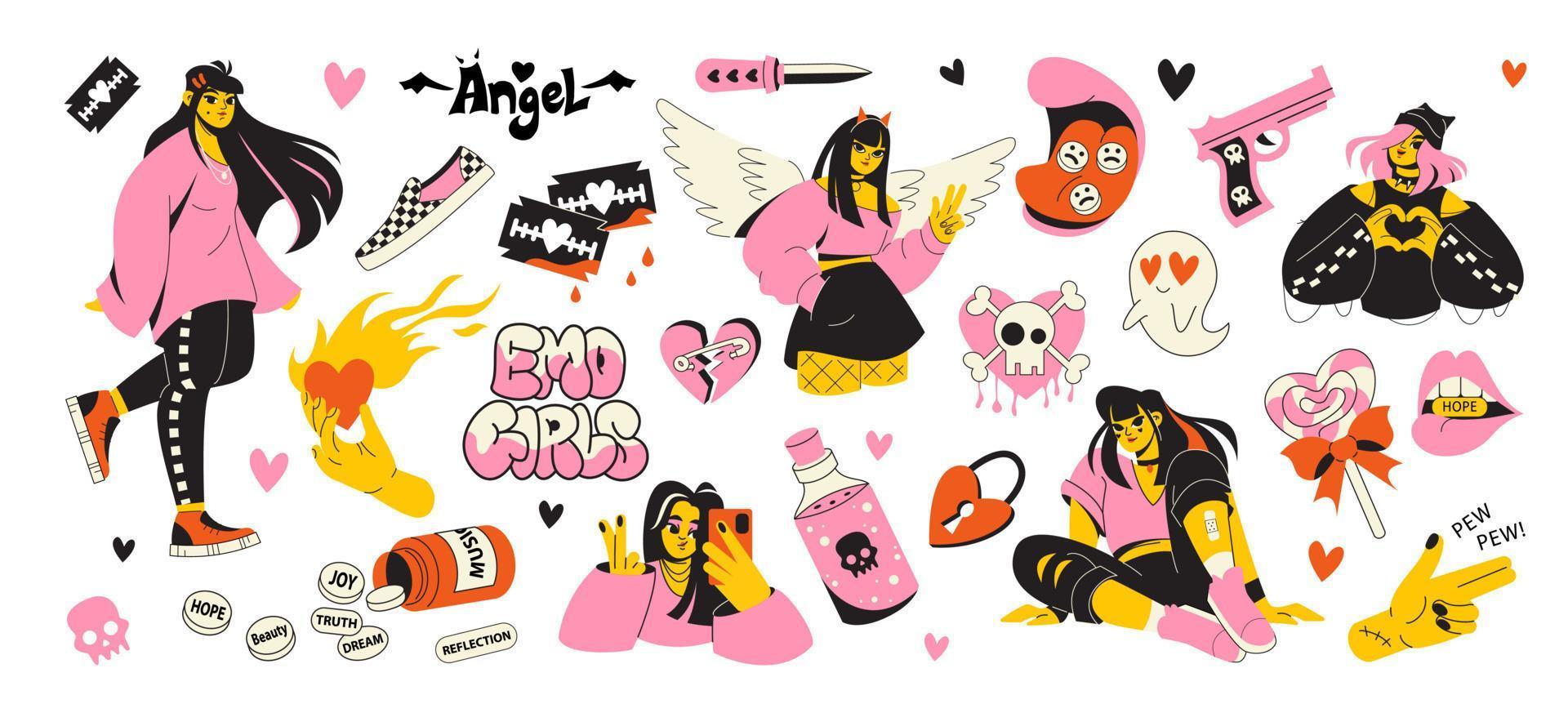 A set of emo elements. Stylish girls in pink and black clothes and stickers and punk paraphernalia. Angel, skull vector