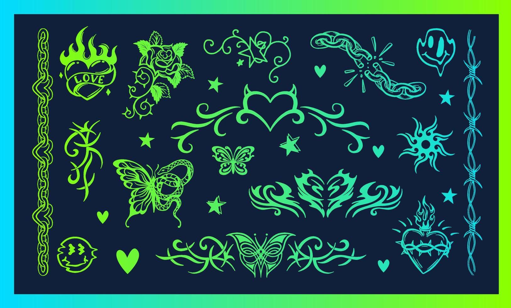 A set of acid tattoos. Neon temporary tattoos in retro style of the 90s, 2000s. Heart, butterfly, chain, curb. vector