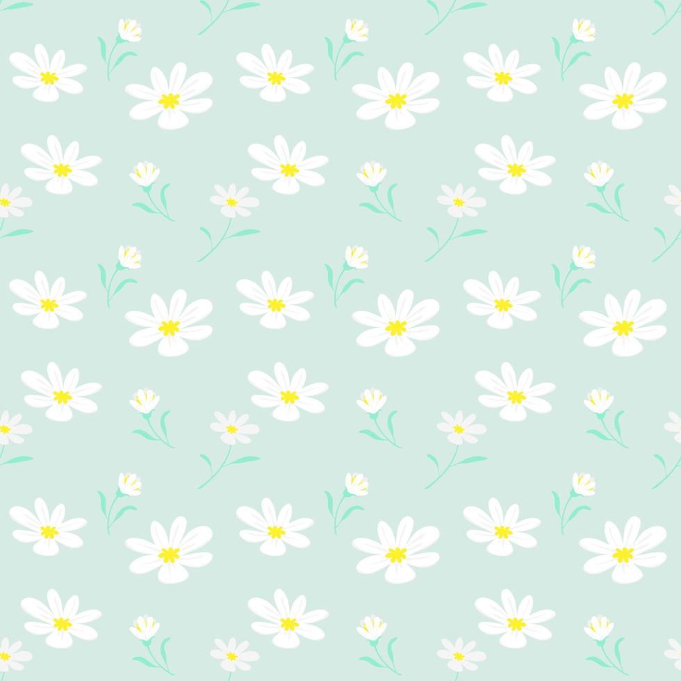 Seamless pattern of daisies on pastel green in flat style. vector